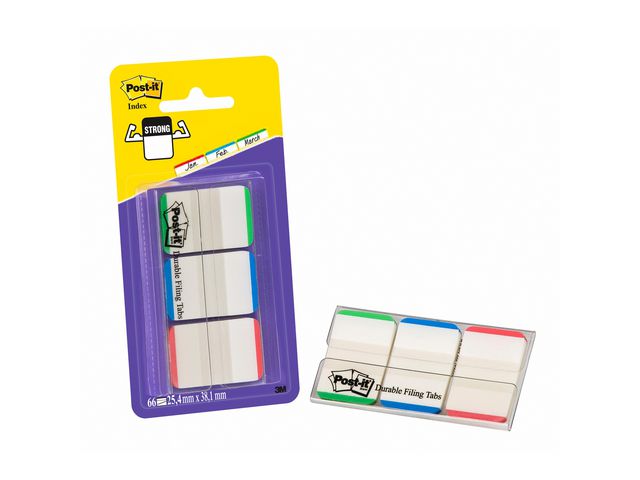 Post-it® Indexflikar Strong, små, 25,4 x 38mm, i olika färger, 3 x förpackningar med 22, med hylshållare 686-GLBR, kort 3 block