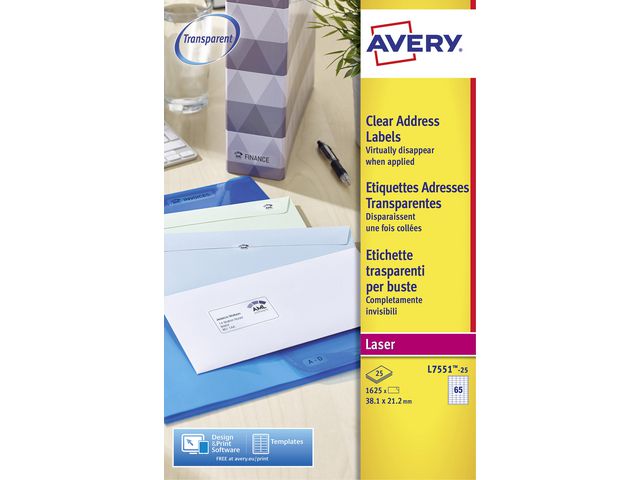 Avery Etikett transparent 38,1x21,2mm, fp om 1625 st