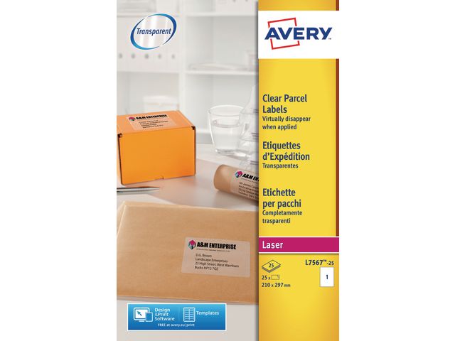 Avery Etikett transparent 210x297mm, fp om 25 st