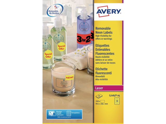 Avery Etikett avtagbar 99,1x38,1mm neongul, fp om 350 st