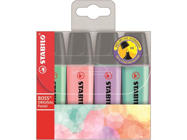 STABILO Överstrykningspenna, BOSS Original platt pennkropp snedskuren spets 2–5 mm sorterade pastellfärger, kort 4 st