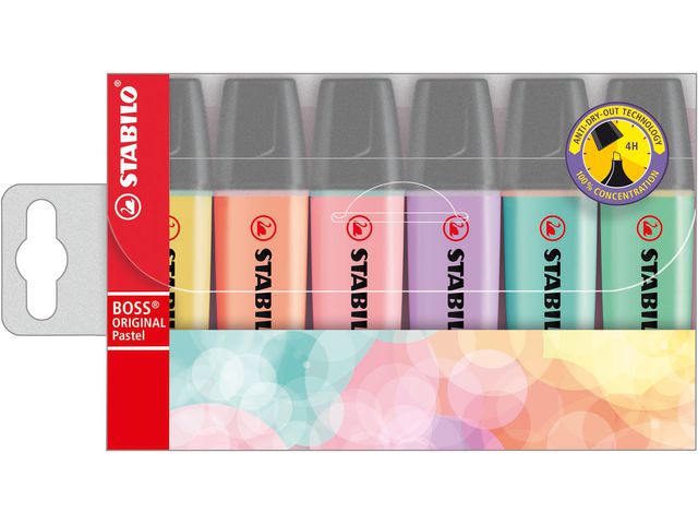 STABILO Överstrykningspenna, BOSS Original platt pennkropp snedskuren spets 2–5mm sorterade pastellfärger, fp om 6 st