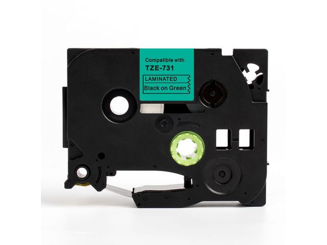 Tape 12mm TZe-731 Svart på Grön, st