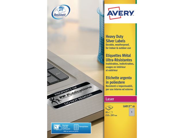 Avery Etikett slitstark 210x297mm silver, fp om 20 st