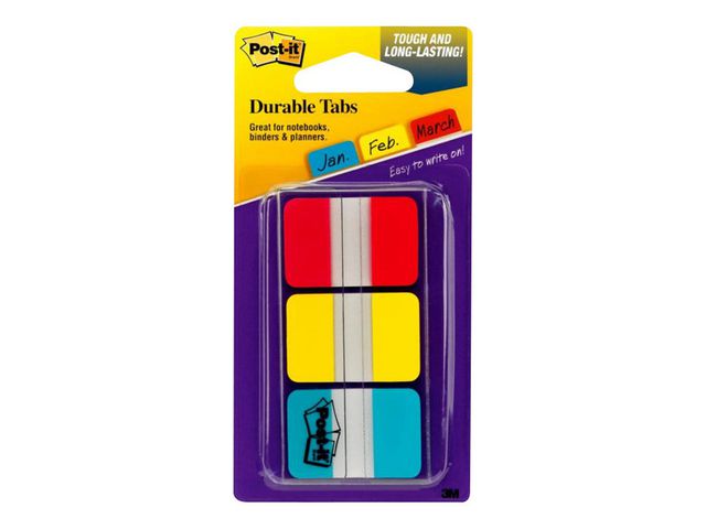 Post-it® Indexflikar Strong små, 25,4 x 38 mm, olika färger, 3 x 22-pack med hylshållare, fp om 66 st