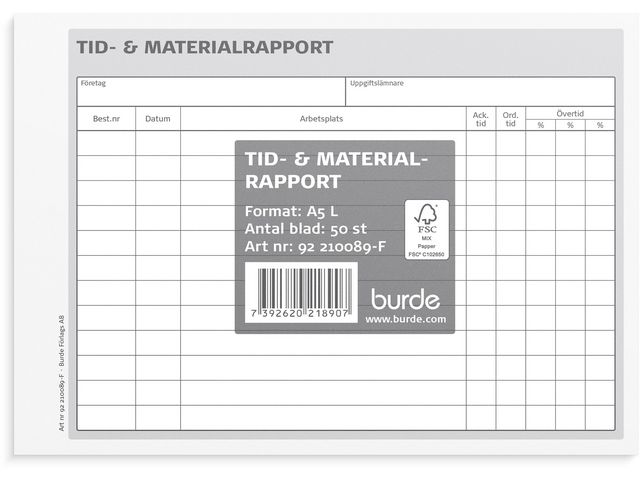 Burde Blankett tid- och materialrapport A5L, st