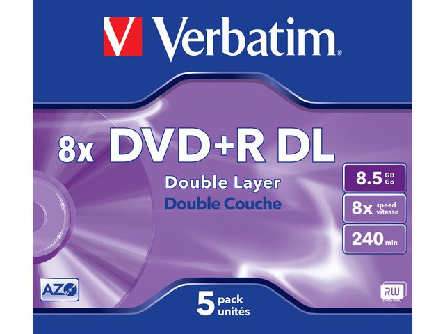Verbatim DVD+R DL DVD skrivbar skiva, 8,5 GB (240 minuter) 8x-hastighet, matt silver, jewel case, fp om 5 st