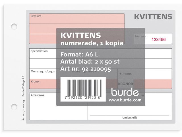 Burde Blankett kvittensblock A6L 2x50 blad med kopia, st