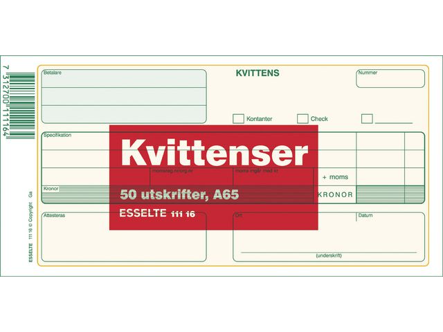 Esselte Blankett Kvittens A65 50 blad, st