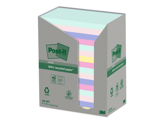 Post-it® Notes 100% recycled 76x127mm sorterade färger, fp om 16 st