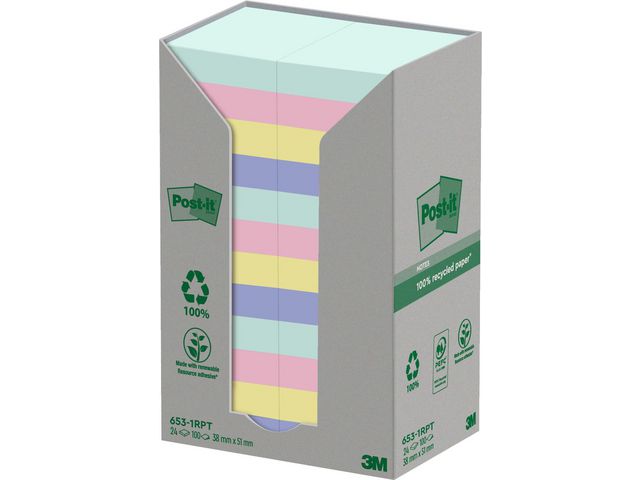 Post-it® Notes 100% recycled 38x51mm sorterade färger, fp om 24 st