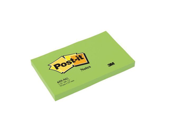 Post-it® Sticky-notislappar, 76 x 127 mm, neongröna, 100 blad, 655-NG, block om 100 blad