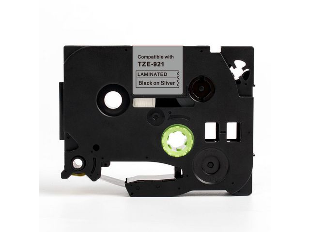 Tape 9mm TZe-921 Svart på Silver, st