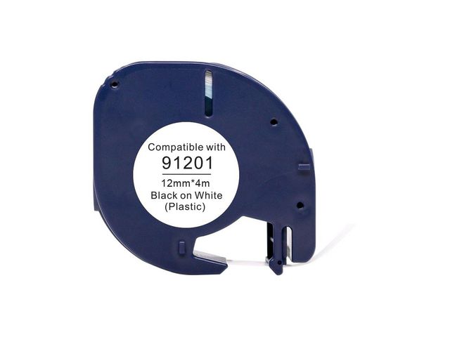 Tape Plast 12mmx4m svart på vit, rulle om 4 m
