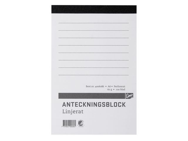 Anteckningsblock A6 100 blad linjerat ohålat perforerat Träfritt, st