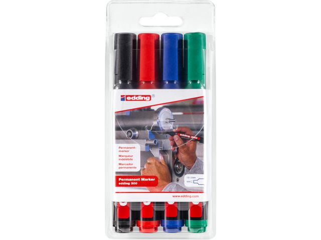 edding Märkpenna Permanent 300, 1,5 - 3 mm, svart, röd, blå och grön, fp om 4 st