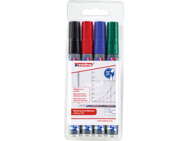 edding Whiteboardpenna 250, icke-permanent bläck, medium1,5–3 mm linjebredd, olika färger, 4-pack, fp om 4 st