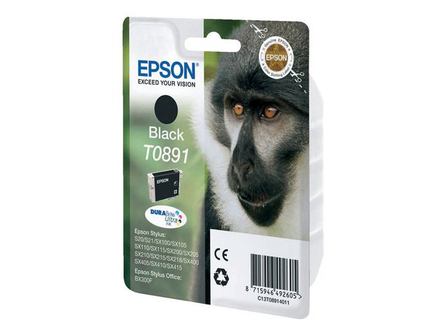 Epson Bläckpatron, Monkey T0891, DURABrite Ultra, svart, singelförpackning, C13T08914011, st