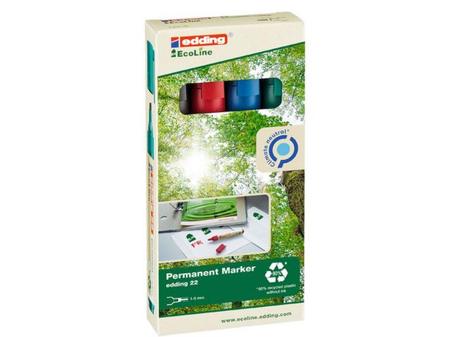 edding Märkpenna 22 EcoLine permanent snedskuren spets, 1–5 mm, olika färger: Svart, röd, blå, grön, fp om 4 st