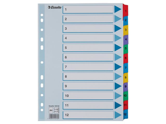 Esselte Indexavdelare, A4, polyester, 1–12 flikuppsättning, olika färger, set om 12 blad