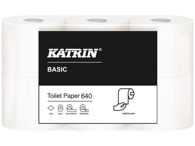 KATRIN Toalettpapper Basic Toilet 640 1-lagers, 640 ark, 97 mm, naturvitt, fp om 7 x 6 rullar