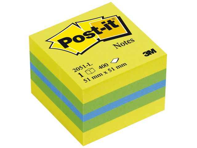 Post-it® Sticky-notislappar, minikub, 51 x 51 mm, citrongula färger, 400 blad, 2051-L, block om 400 blad
