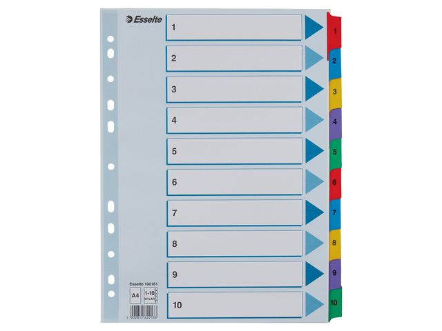 Esselte Indexavdelare, A4, polypropylen och kartong, 1–10 flikuppsättning, olika färger, set om 10 blad