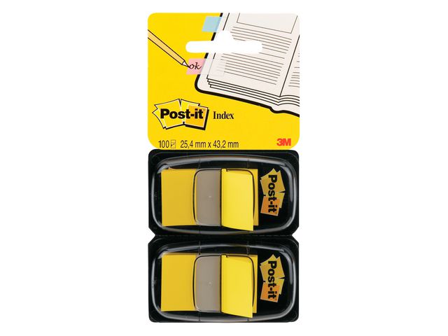 Post-it® Indexflikar med hållare, medium 25,4 x 43,2 mm, gula, 2 x 50 dubbelförpackning, fp om 2 st