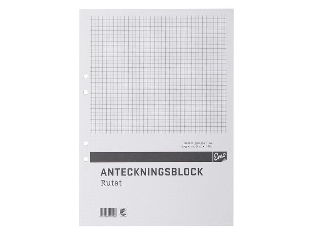 Anteckningsblock A4 100 blad rutat hålat TräFritt, st
