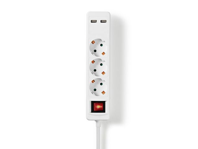 NEDIS Grenuttag jordad 3-väg + 2 USB, st