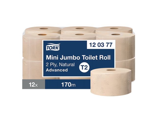 Tork Toalettpapper T2 Advanced Mini Jumbo 2-lag natur, fp om 12 st