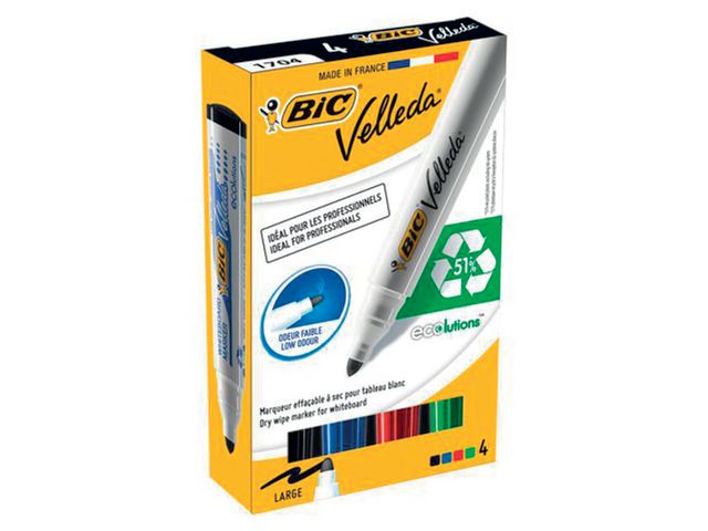 BIC® Whiteboardpenna Velleda® 1701, icke-permanent, ketonbaserat bläck, 2,5 mm, svart, röd, blå, grön, fp om 4 st