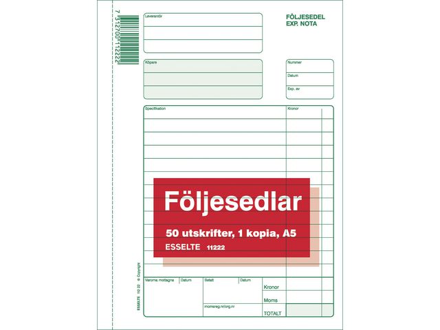 Esselte Blankett Följesedlar A5 2x50 blad, st