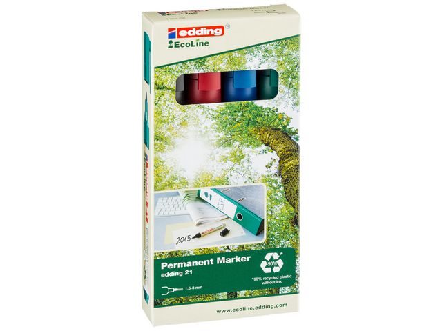 edding Märkpenna Permanent 21 EcoLine, 1,5–3 mm linjebredd, olika färger: Svart, blå, röd, grön, fp om 4 st