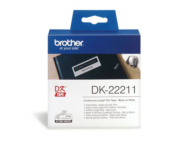 Brother Märkningstejp, DK-22211, svart text mot vit botten 29 mm x 15,24 m, rulle om 15.24 m