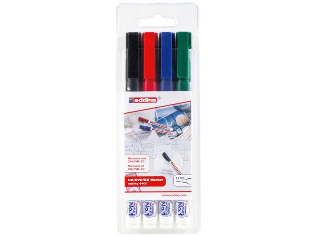 edding Märkpenna Permanent 8400 CD/DVD/BD med 0,5 - 1 mm, olika färger, 4-pack, fp om 4 st