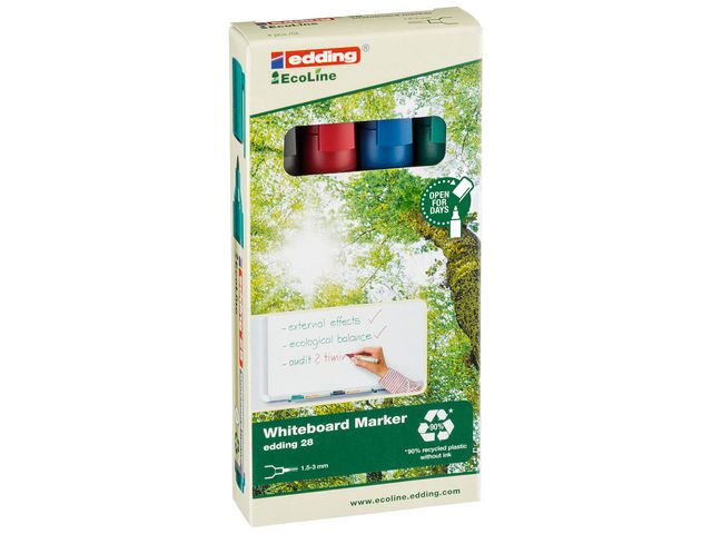 edding Whiteboardpenna, 28 EcoLine, 1,5–3 mm linjebredd, olika färger: Svart, blå, röd, grön, fp om 4 st