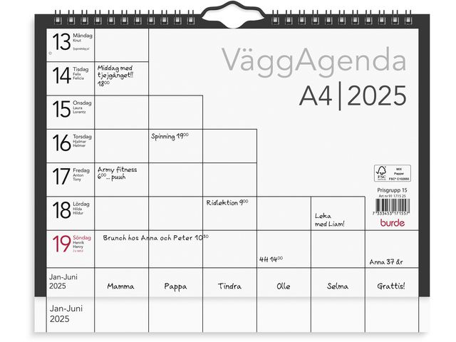 Burde Väggkalender 2025 Väggagenda A4, st