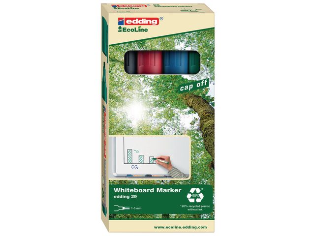 edding Whiteboardpenna, 29 EcoLine, snedskuren spets, 1–5 mm linjebredd, olika färger: Svart, blå, röd, grön, 4-pack, set om 4 st