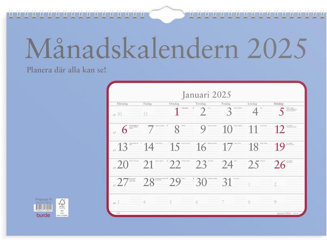 Burde Väggkalender 2025 Månadskalendern, st