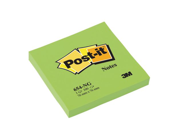 Post-it® Sticky-notislappar, 76 x 76 mm, neongröna, 100 blad, 654-NG, block om 100 blad