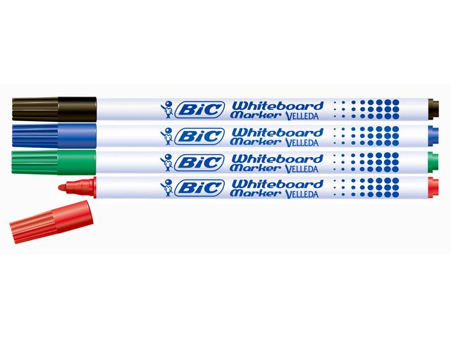 BIC® Whiteboardpenna Velleda® 1721, tunn spets, 1,6 mm linjebredd, olika färger: Svart, röd, blå, grön, fp om 4 st