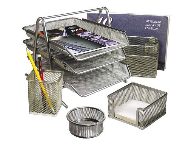 Skrivbordsset, metalltråd, 5-delars set, silver och grå, set om 5 st