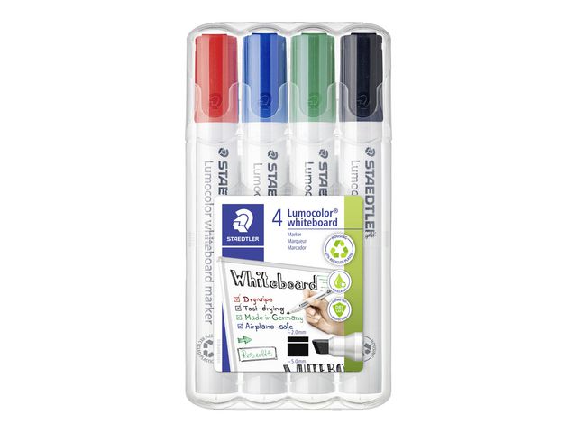 STAEDTLER Lumocolor Whiteboardpenna Lumocolor® snedskuren spets, 2-5 mm linjebredd, blandade färger: Svart, röd, blå, grön, fp om 4 st