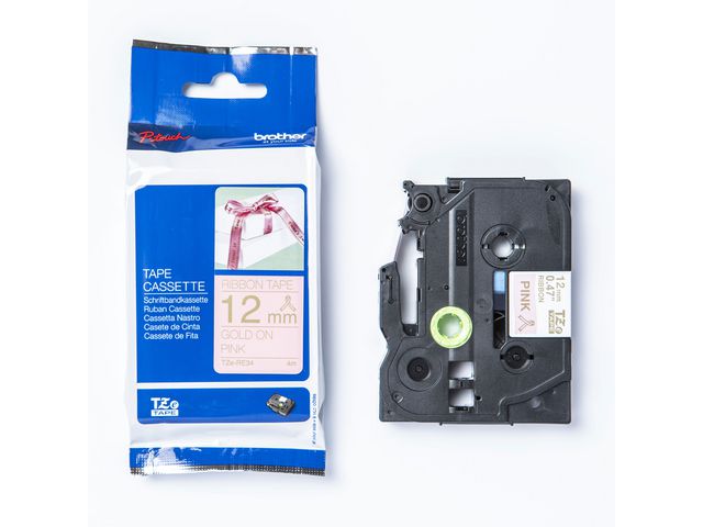 Brother Tape TZERE34 12mm guld på rosa, st