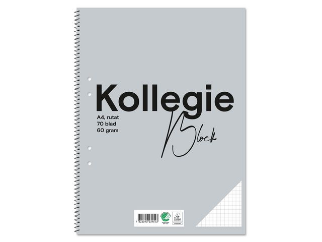 Kollegieblock A4 60g 70 blad rutat hålat grå, st