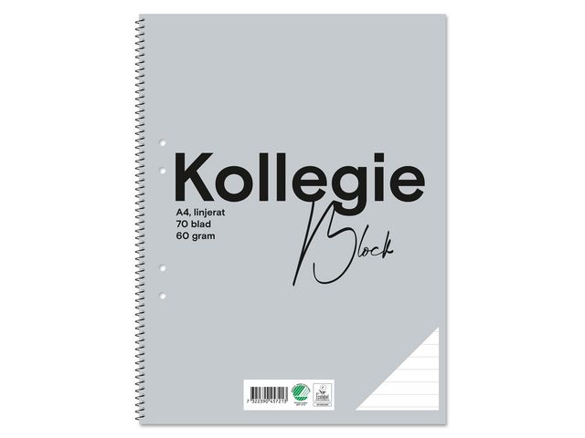 Kollegieblock A4 60g 70 blad linjerat hålat grå, st