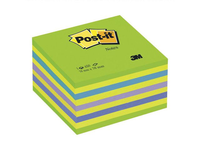 Post-it® Sticky-notislappar, kub, 76 x 76&nbsp,mm, olika neonfärger, 450 blad, 2028-NB, block om 450 blad