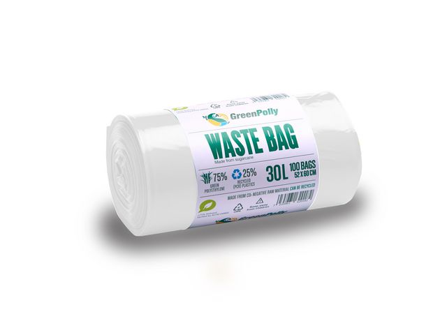 GreenPolly Papperskorgspåse HDPE 30L 11my vit, rulle om 12 st