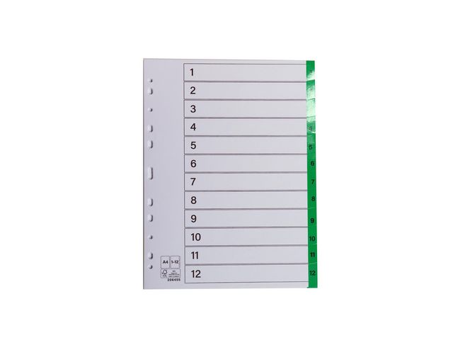 Register plastflik 1-12 grön, fp om 10 st